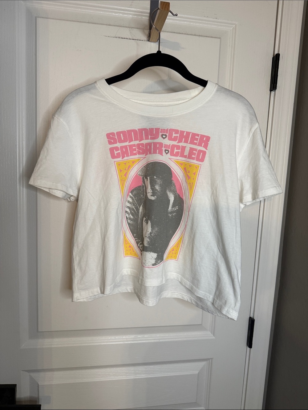 Recycled Karma White Vintage Band Graphic Tee with Pink and Yellow Print